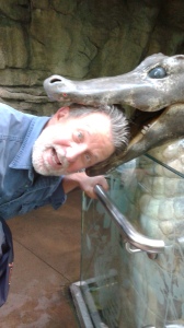 Brent using his head in an encounter with a cayman at the Biodome.